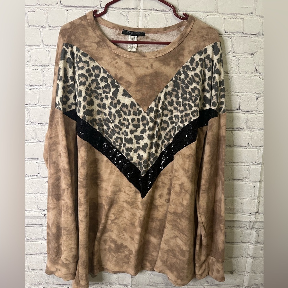 Ladies Glitzy Girlz Brown Leopard/Sequin Print Long Sleeve Top